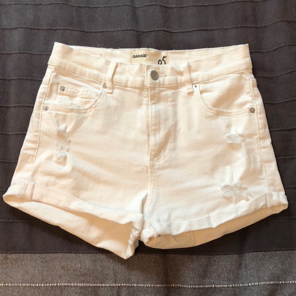 Garage High Waisted White Denim Distressed Shorts